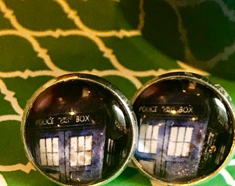 Tardis Dr. Who glass cabochon earrings - 16mm