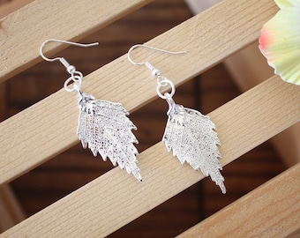 Silver Leaf Earrings, Birch Leaf, Real Leaf Earrings, Sterling Silver, Nature, Tree, Orangnic Jewelry, LESM126
