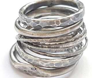 Silver Stacking Rings, Oxidized Stackable Rings, Trendy Sterling Silver Rings, 13mm Wide Statement Ring Set, Handmade Rings, Venexia Jewelry