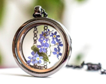 Forget Me Not Jewelry, Forget Me Not Necklace, Terrarium Necklace, Locket Necklace, Memorial Necklace, Dainty Necklace, Real Flower Necklace