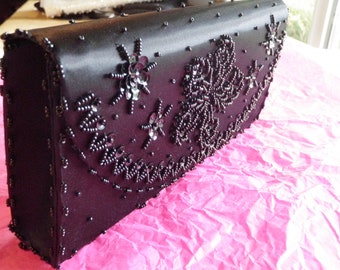 Beaded Black Satin Evening Clutch