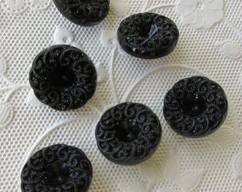 12 Vintage 1970s Czech Glass Buttons Handmade Black Glass Czechoslovakia #111