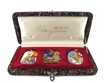 3 Chinese Opera Cloisonne Pendants/ Peking Jewelry Company /Beijing Arts Set/ Korvettes Oriental Enamel Stock/Silk Road Brown Brocade Box