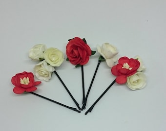 Red and White Flower Hair Pins