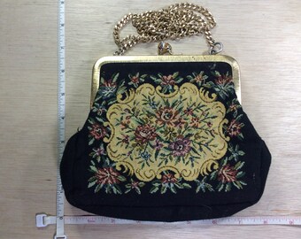 Vintage Black Tapestry Style Handbag Purse 30" Chain Used