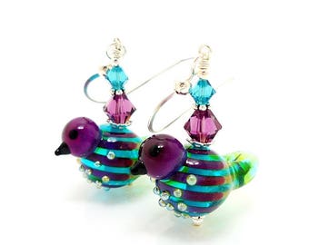Bird Earrings, Purple and Blue Earrings, Lampwork Earrings, Glass Bead Earrings, Nature Earrings, Glass Earrings, Glass Art Earrings