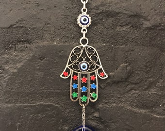 Hamsa Hand Amulet Wall Hanging with Evil Eye, Blessing and Protection for your home, Hand Made Metal Wall Ornament