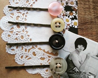 Button Bobby Pin Set, Hair Pins Made With Vintage Pastel Buttons, Retro, Vintage Style Hair Accessories
