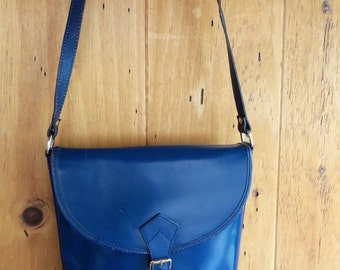 70s CRISTIAN--Made in Italy--Cross-Body Satchel----Blueberry Blue Leather--Military Styling