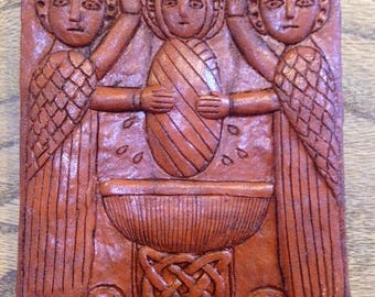BRIG-001 Red Saint Brigids’ Baptism/Celtic/Irish/Religious/Saint/Carved/Icon/Plaque