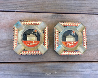 Pair of Vintage Brass Enamel Parthenon Ashtray Made in Greece