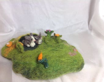 Waldorf inspired little play mat with bunnies , story mat, wet felted