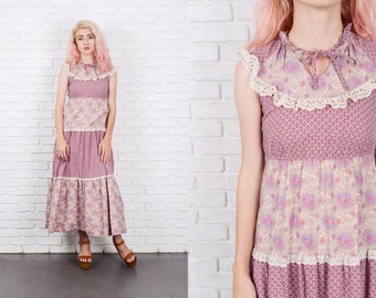 Vintage 70s Purple Boho Hippie Dress Floral Lace Tiered Maxi XXS 9822