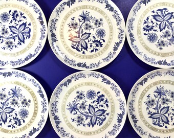 Vintage Melmac Plates Set of Six Floral Blue Tan Bohemian Dinner Ware Mar Crest Sun Valley Chicago USA