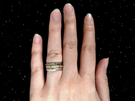 Natural Texture Coral Wedding Band Unique Triple Ring Oxidized + High Polish Solid Sterling Silver + 10k Yellow Gold Triple Stacking Rings