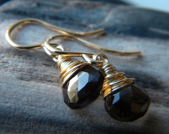 Classic smoky quartz wire wrapped briolette drop earrings - wardrobe staple - 14k gold filled handmade gemstone jewelry