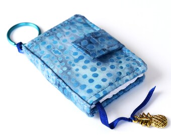 Tiny Journal in Blue Batik Fabric Cover, Miniature Journal, Mini Blank Book, Key Ring Notebook, with Ribbon Bookmark and Hawaiian Charm