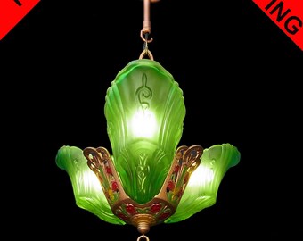 Antique original Art Deco green frosted glass 3 light Slip shade Chandelier, lights lamps ceiling fixture pendant c1920s