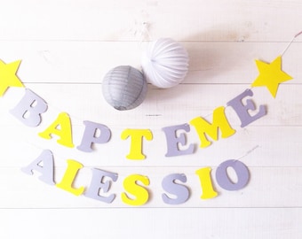 Garland "Baptism" + name cotton coating-assorted colors + 2etoiles 210 gr paper