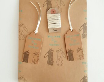 New Baby Gift Wrap Set: 1 Sheet of Bunny Kraft Wrapping Paper, 2 Gift Tags & 5m Twine.