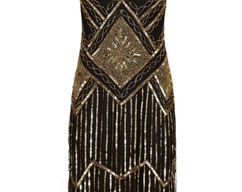 UK30 US26 AUS30 Black Gold Vintage inspired 20s vibe Flapper Great Gatsby Beaded Charleston Sequin Downton Abbey Wedding Dress New Hand Made