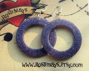Purple Glitter Hoop Earrings, Lucite Inspired Hoops, Rockabilly, Pin Up, Mid Century Style.