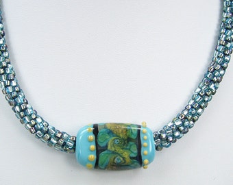 Handmade Beaded Kumihimo Necklace with Glass Lampwork Tab. Blue Green