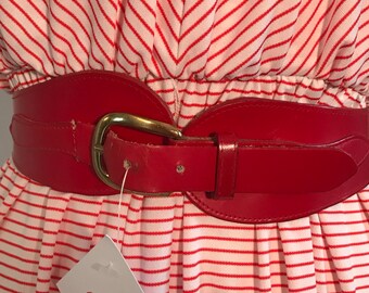 Vintage Leather Wide Red Belt with Gold Colored Buckle