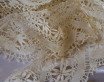 Antique french lace, sheet or curtain border, 1900s