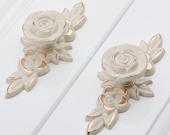 Shabby Chic Dresser Drawer Knobs Pulls Handles Creamy White Gold Rose Flower Kitchen Cabinet Knobs Pulls HandlesOrnate Knob Hardware Pulls