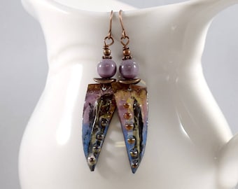 Handmade Incredible Earrings, Enameled Earrings, Antique Copper Earrings, Pink and Blue Earrings, Artisan Earrings, Dotted, OOAK, AE099