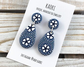 Earrings - Handcrafted polymer clay stud dangle earrings in denim blue floral