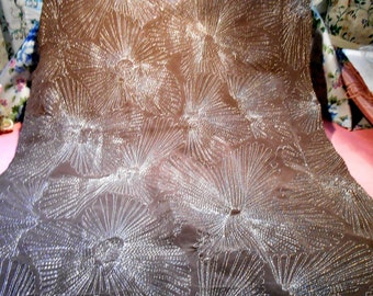 Vintage Fabric Silver Sunbursts on Gray Silk Remnant