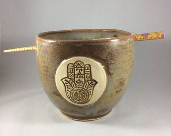 Ceramic Noodle Bowl with Hamsa Hand in Rustic Lustre