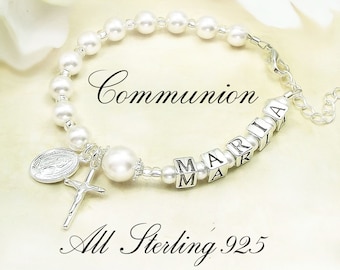 Girl Communion Rosary Bracelet with 925 stamped Sterling Silver Letters and Sterling Miraculous Medal & Sterling Crucifix