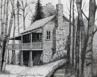 Log cabin print, country, cabin, landscape, mountain cabin, pen and ink, stone chimney, old cabin