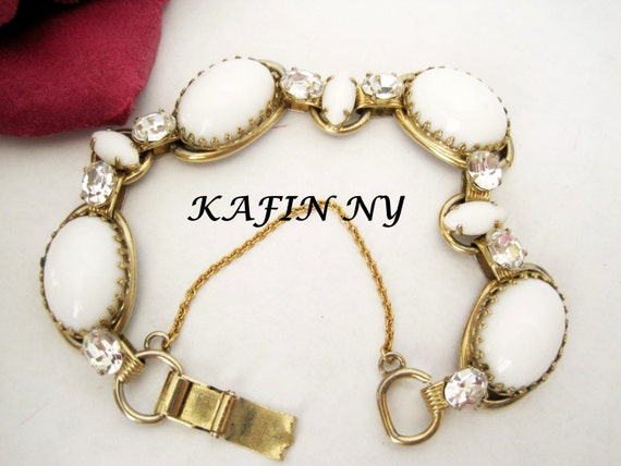 Kafin NY Bracelet - Milk Glass Bracelet - White Cabachon - Rhinestone - Gold Tone Links