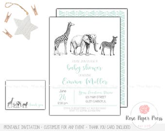 Zoo Baby Shower Invitation Set | Printed or Printable Invitation | Safari Baby Shower | Jungle Baby Shower | Thank You Card | Animal Invites