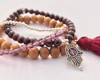 garnet mala stack bracelets with hamsa and tassel, yoga jewelry, tassel bracelet, gemstone bracelet, set of bracelets, wood bracelet, hamsa