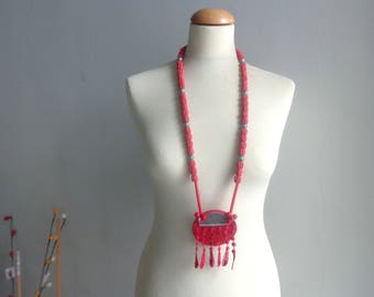 Red lace necklace, disk necklace, longer style, colorful necklace, red leather necklace