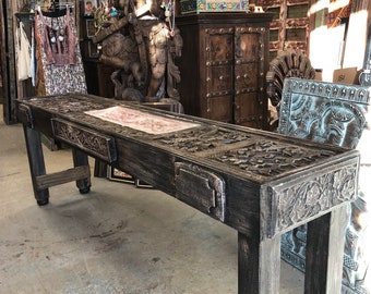 Antique Tribal Carving Haveli Stone Sofa Table Extra Long Wooden Console Rustic Luxury Console Table Vintage Style