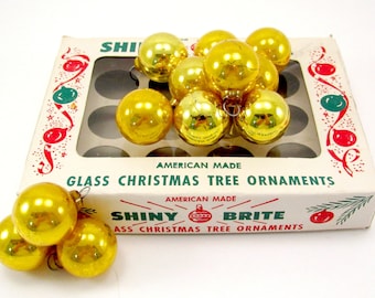 Gold 1950s Shiny Brite Christmas Ornaments Vintage Glass Feather Tree Christmas Decorations Boxed Set