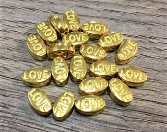 10mm Gold Love Beads, 20 PC Pack, 10mm Gold Oval, 10mm Love, Word Bead, 10mm Gold Oval Bead, LOVE, Bead Source, Julie's Bead Store, Gold