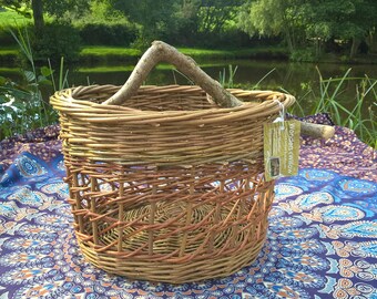 Willow basket with bent hazel stick handle