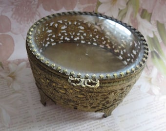 Vintage Ornate Gold Plated Filigree Ormolu Footed Jewelry Casket with Beveled Glass Hinged Lid Lined with Velvet, Vanity Trinket Box