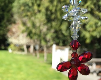 Red Crystal Suncatcher, Swarovski Crystals, July Birthday, Garden Decor, Glass Art, Crystal Ornament, Window Pendants, Prism Rainbows, 8874