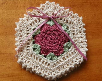 Crochet Mauve Rose and Ecru 4pc Coaster Set