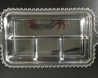 Vintage Glass Candlewick Tray, Mid Century Glass Tray, Vintage Clear Glass Relish Tray, Serving Dish