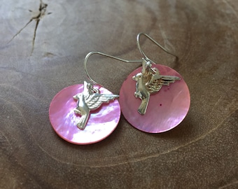 Fly 2 - Pair of limited edition dangling earrings with light pink mother of pearl and silvertone earhooks and flying bird charms. shell