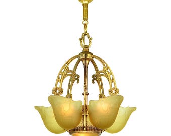 Antique 1930s Art Deco Chandelier Slip Shade Ceiling Light Fixture (ANT-904)